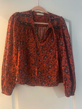 Ulla Johnson Rust and Black Floral Tie-Neck Blouse